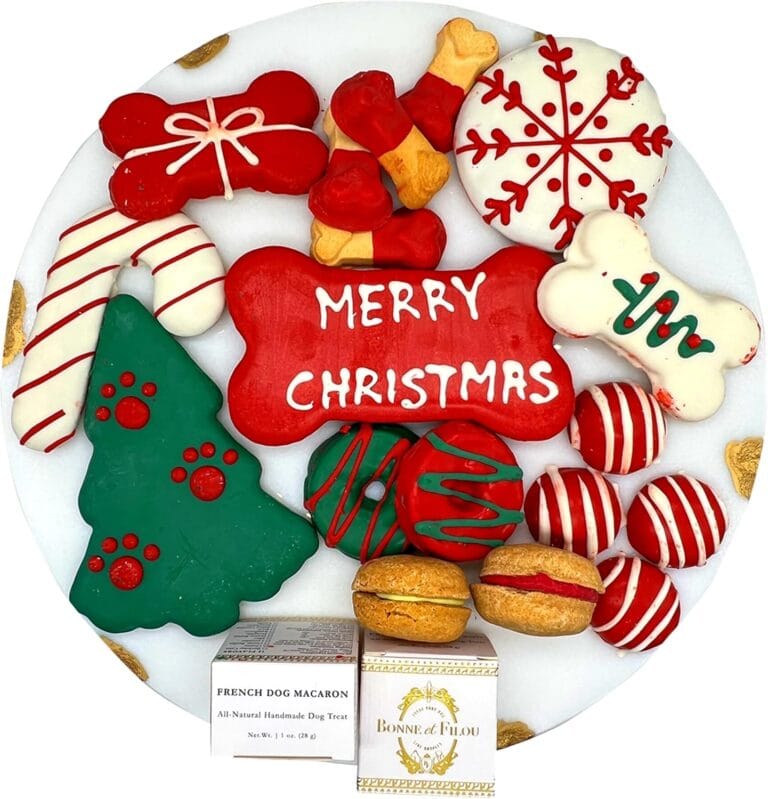 Bonne et Filou Christmas Dog Treats, Luxury Gourmet Gift Box, 18 Hand Designed Macarons, Truffles & Bone Cookies, Perfect Holiday Snack for Medium to Large Dogs