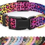 Reflective Dog Collar for Medium Dogs, Cute Leopard Style Adjustable Heavy-Duty Nylon Puppy Collar for Boy and Girl Female, Soft Pet Accessories with Quick Release Buckle, Neon