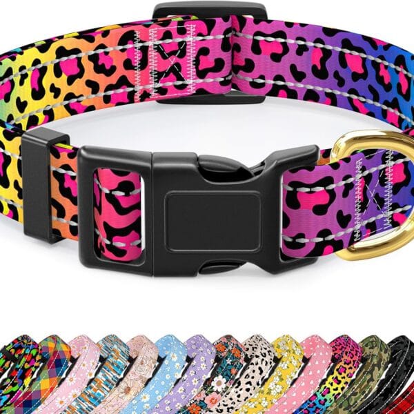 Reflective Dog Collar for Medium Dogs, Cute Leopard Style Adjustable Heavy-Duty Nylon Puppy Collar for Boy and Girl Female, Soft Pet Accessories with Quick Release Buckle, Neon