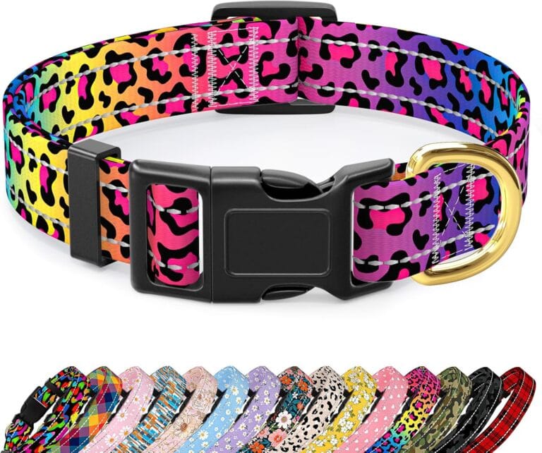 Reflective Dog Collar for Medium Dogs, Cute Leopard Style Adjustable Heavy-Duty Nylon Puppy Collar for Boy and Girl Female, Soft Pet Accessories with Quick Release Buckle, Neon