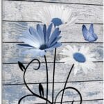 HVEST Farmhouse Floral Wall Art for Living Room, Blue and White Daisy Flower and Butterfly on Rustic Wood Board Canvas Wall Art Framed Artwork Ready to Hang for Bathroom Bedroom Decor, 16L X 12W
