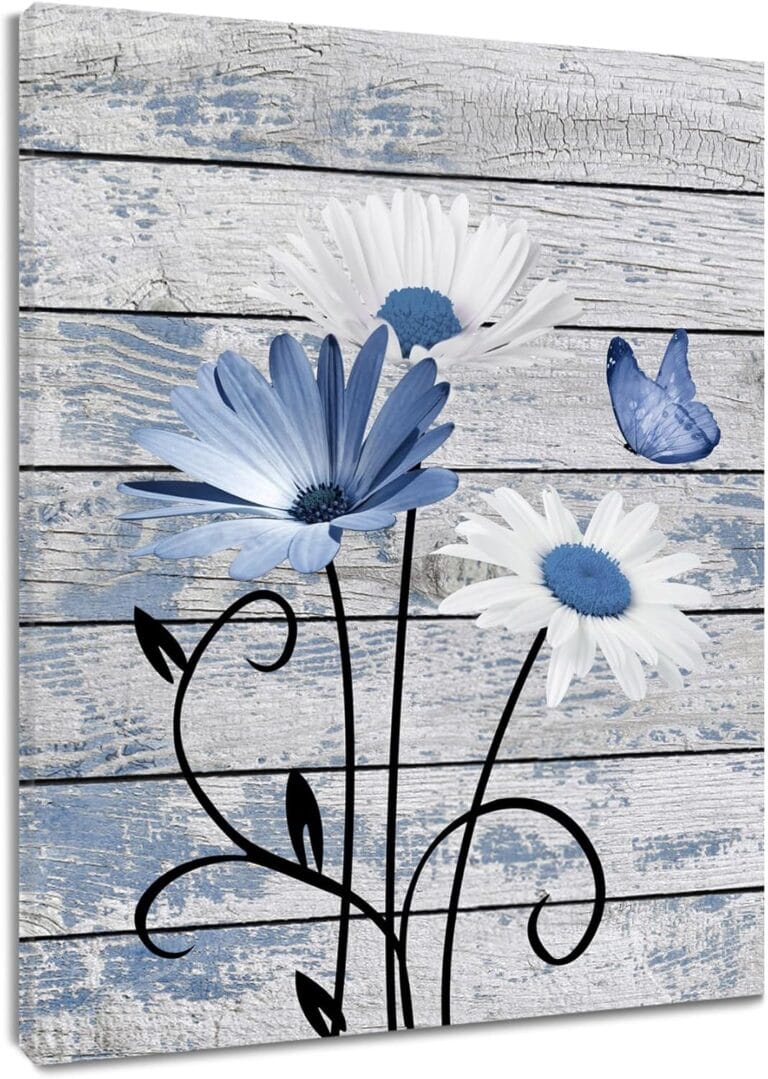 HVEST Farmhouse Floral Wall Art for Living Room, Blue and White Daisy Flower and Butterfly on Rustic Wood Board Canvas Wall Art Framed Artwork Ready to Hang for Bathroom Bedroom Decor, 16L X 12W