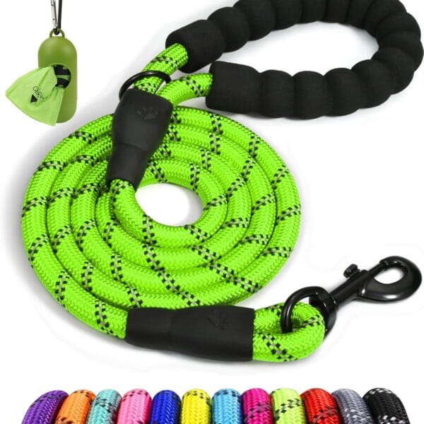 Taglory Rope Dog Leash 6 FT with Comfortable Padded Handle, Highly Reflective Threads Leash for Medium Large Dogs, 1/2 inch, Green