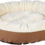 Amazon Basics Round Bolster Pet Bed for Dog or Cat with Flannel Top, 20.0" L x 20.0" W x 8.0" Th, Brown and Ivory