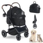 Pet Stroller with 4 Wheels, 3 IN 1 Folding Puppy Strollers for Small/Medium Dogs Cats up to 50lbs, Lightweight Pet Travel Carrier with Detachable Cushion, Storage Basket and Cup Holder, Black
