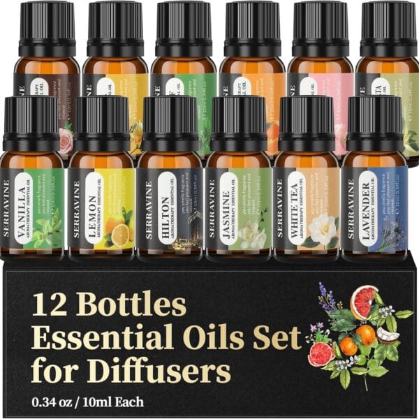 Perfect for Diffusers – 12 Natural Essential Oils Set with Gift Box & Bag | Lavender, Vanilla, Rose, Peppermint & More | Ideal for Aromatherapy, Relaxation & Home Use