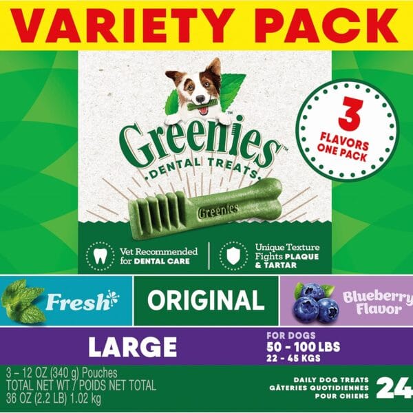 Greenies Large Dental Dog Treats, 3-Flavor Variety Pack, (3) 12 oz. Pouches, (24 Treats)
