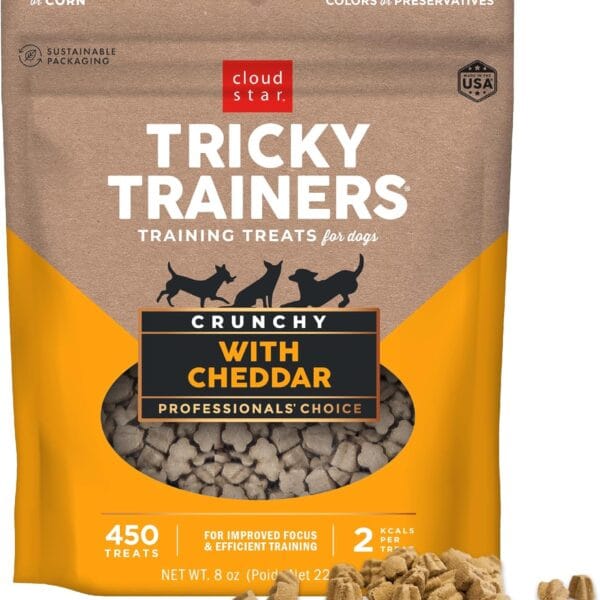 Cloud Star Tricky Trainers Crunchy Dog Training Treats 8 oz Pouch, Cheddar Flavor, Low Calorie Behavior Aid with 450 treats.