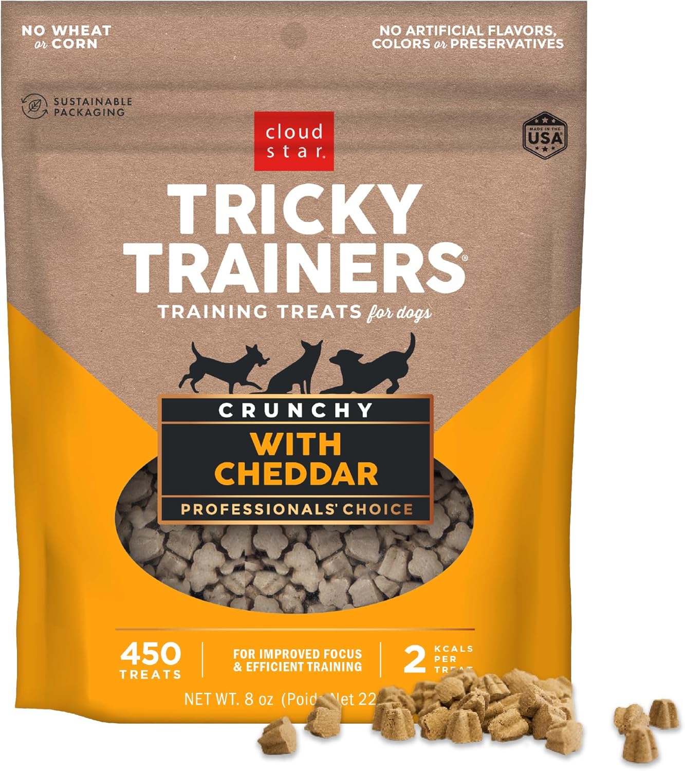 Cloud Star Tricky Trainers Crunchy Dog Training Treats 8 oz Pouch, Cheddar Flavor, Low Calorie Behavior Aid with 450 treats. Cloud Star Tricky Trainers Crunchy Dog Training Treats 8 oz Pouch, Cheddar Flavor, Low Calorie Behavior Aid with 450 treats.