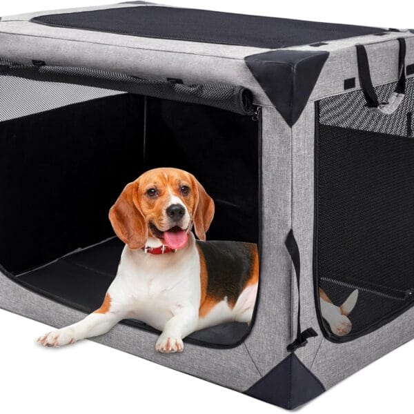 Dog Crates - 36 Inch Collapsible Soft Dog Crate, 3-Door Foldable Soft Kennel for Large Dogs, Portable Pet Travel Cage with Chew Proof Mesh Window for Outdoors