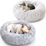 Dog & Cat Bed 2 Pack, 20'' Cat Beds for Indoor Cats, Calming Donut Bed for Puppy and Kitten, Washable Round Fluffy Pet Bed for Small Medium Dogs and Cats (Grey&White)