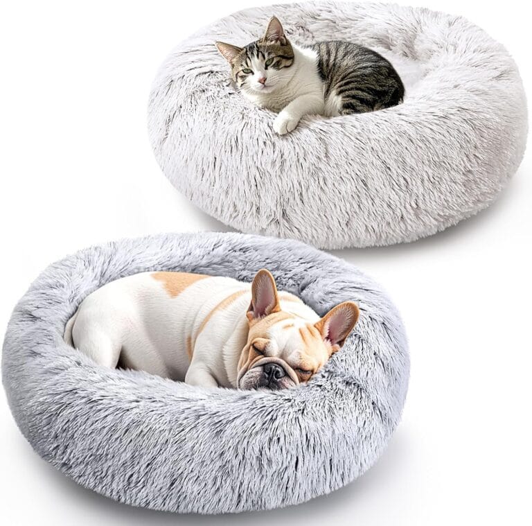 Dog & Cat Bed 2 Pack, 20'' Cat Beds for Indoor Cats, Calming Donut Bed for Puppy and Kitten, Washable Round Fluffy Pet Bed for Small Medium Dogs and Cats (Grey&White)
