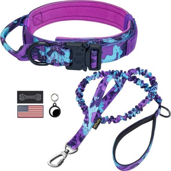 Hotsky Tactical Dog Collar and Leash Set, Heavy Duty Military Airtag Dog Collar with Handle and Metal Buckle for Training and Walking, with Airtag Holder and Two Patches (Purple Camo, L)