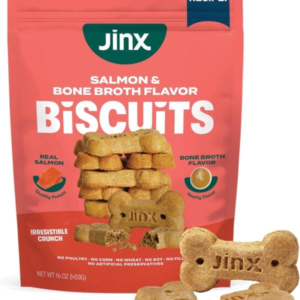 Jinx Oven-Baked Salmon Bone Broth Biscuit Dog Treats - Crunchy, All Natural, Superfood-Rich with High-Protein Salmon, Dog Biscuits for Puppies, Adults & Seniors - 16oz