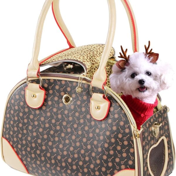 Fashion Dog Carrier PU Leather Dog Handbag Dog Purse Cat Tote Bag Pet Cat Dog Hiking Bag, Brown, Small 38 * 23 * 17cm