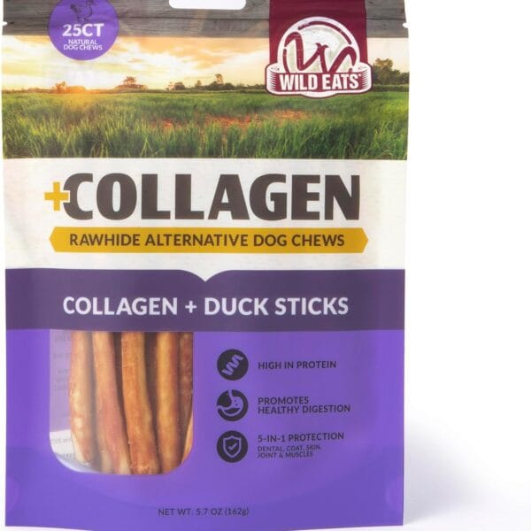 Wild Eats Real Duck Collagen Sticks for Dogs (25 Pack,5 Inch) Long Lasting Dog Chews No Hide Dog Treat Bully Stick Rawhide Free,Grain Free,High Protein