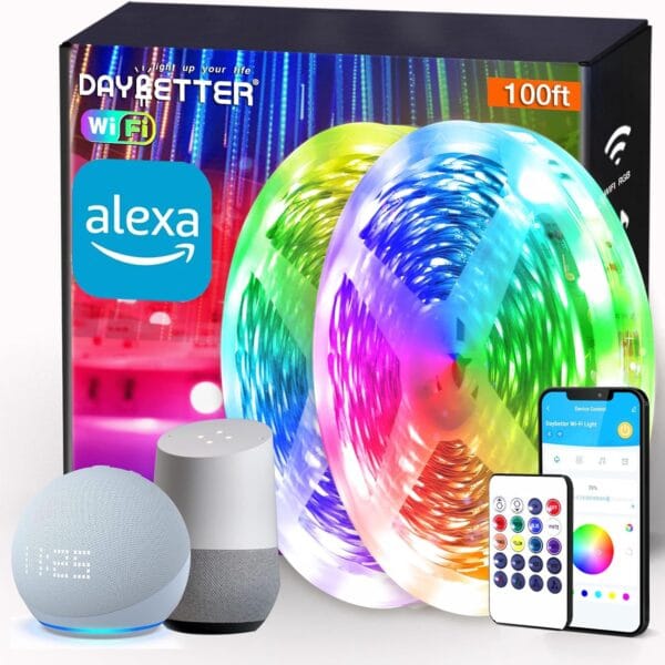 DAYBETTER Smart WiFi Led Lights 100ft - Led Strip Lights Work with Alexa and Google Assistant RGB Strip Lighting Music Sync Color Changing with App Voice Remote Control for Room Bedroom Decor 50ft*2