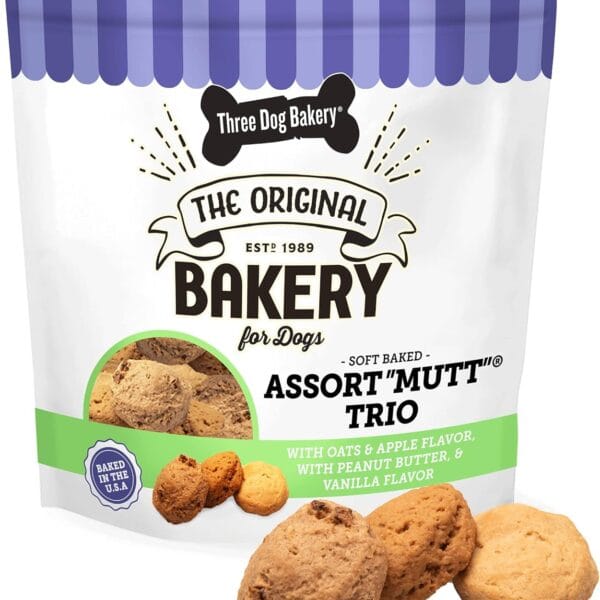 Three Dog Bakery Assort"Mutt" Trio, 48oz – Delicious Dog Treats With Oats, Apple, Peanut Butter & Vanilla, Premium Dog Training Treats, Puppy Treats