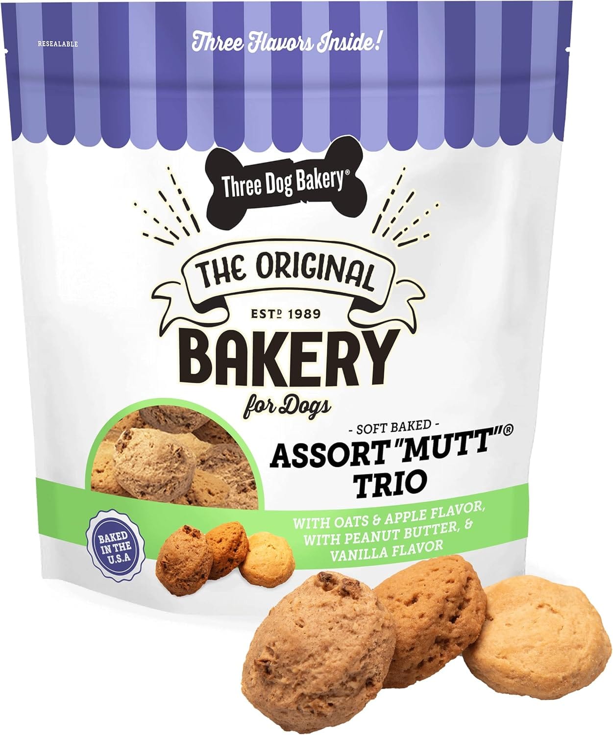 Three Dog Bakery Assort"Mutt" Trio, 48oz – Delicious Dog Treats With Oats, Apple, Peanut Butter & Vanilla, Premium Dog Training Treats, Puppy Treats Three Dog Bakery Assort"Mutt" Trio, 48oz – Delicious Dog Treats With Oats, Apple, Peanut Butter & Vanilla, Premium Dog Training Treats, Puppy Treats
