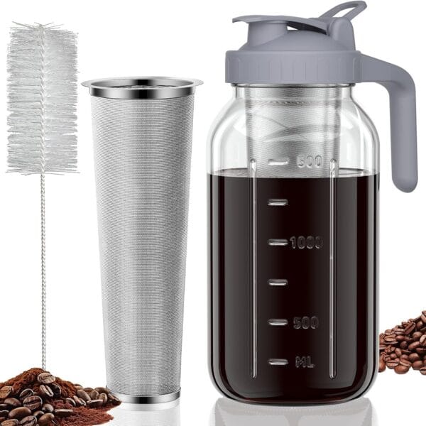 Cold Brew Coffee Maker Jar - 64oz Thick Glass Multipurpose Mason Pitcher Spout Lid with Handle & Stainless Steel Filter for Iced Coffee, Lemonade, Ice Tea, Homemade Fruit Drinks Container