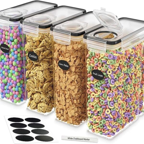 DWLLZA KITCHEN Cereal Containers Storage 4 Pack 135 fl. oz Cereal Dispenser Airtight Food Storage Containers BPA-Free Pantry Organization and Storage, Canister for Flour & Sugar 1 Marker 8 Labels