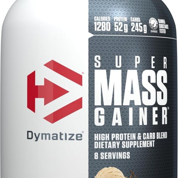 Dymatize Super Mass Gainer Protein Powder, Gourmet Vanilla, 52g Protein, 1g Creatine, 1280 Calories, 10.7g BCAAs, 245g Carbs, Contains Whey Protein Powder, Isolate, and Casein (8 Servings)