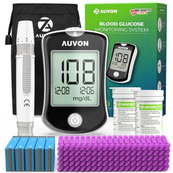 AUVON Blood Glucose Monitor Kit for Accurate Test, Diabetes Testing Kit with 100 Glucometer Strips, 100 30G Lancets and Lancing Devices, DS-W Portable Sugar Test Kit, No Coding