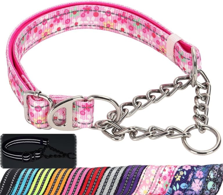 Reflective Martingale Dog Collar with Soft Padded,Adjustable Heavy Duty Choke Steel Chain Big Dog Training, Walking, Hunting Collar for All Breeds (Pink Flowers L)