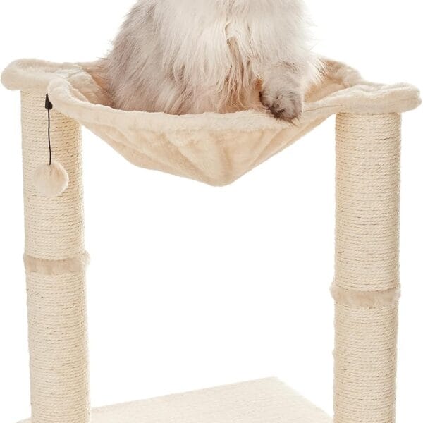 Amazon Basics Cat Condo Tower with Hammock Bed and Scratching Post,Easy to Assemble,Plush Hammock,Interactive Hanging Ball,Durable Sisal Scratch Posts for Indoor Cats, 15.8 x 15.8 x 19.7 Inches, Beige