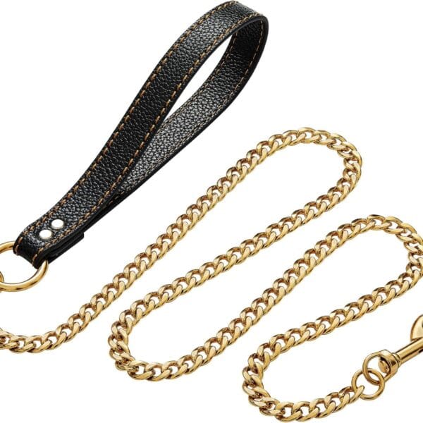 4.3 FT Gold Chain Dog Leashes with Comfortable Padded Traffic Handle for Small Medium Large Breed Dogs Walking Lead, Heavy Duty Strong Durable No Pull Dog Training Pet Leash for Dogs