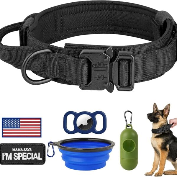 HYDEME Tactical Dog Collar Adjustable Nylon Collar with Control Handle and Heavy Metal Buckle for Medium and Large Dogs, with Patches&Airtags Case&Poop Bag Dispenser&Portable Bowl. (L, Black)
