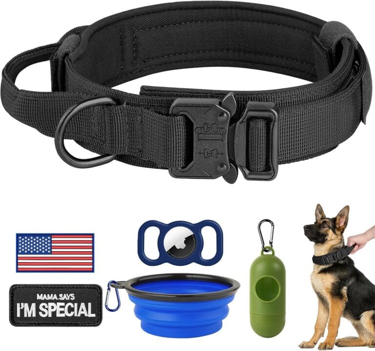 HYDEME Tactical Dog Collar Adjustable Nylon Collar with Control Handle and Heavy Metal Buckle for Medium and Large Dogs, with Patches&Airtags Case&Poop Bag Dispenser&Portable Bowl. (L, Black)