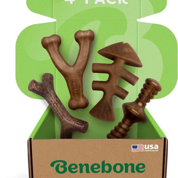 Benebone Large 4-Pack Dog Chew Toys for Aggressive Chewers, Made in USA, 90lbs and Under
