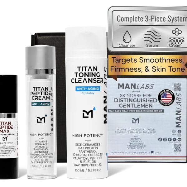 Titan Golden Anti-Aging Mens Skin Care Kit Wash, Face Serum, Mens Face Moisturizer Men, Skin Care Set Dark Spots, Wrinkles, Fine Lines Vitamin C, Peptides, Niacinamide, HA Unscented