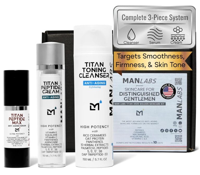 Titan Golden Anti-Aging Mens Skin Care Kit  Wash, Face Serum, Mens Face Moisturizer  Men, Skin Care Set  Dark Spots, Wrinkles, Fine Lines  Vitamin C, Peptides, Niacinamide, HA  Unscented