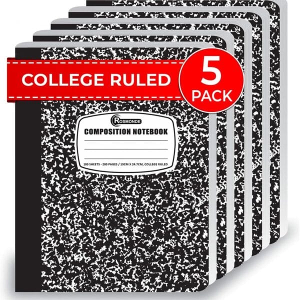 College Ruled Composition Notebooks 5 Pack, 200 Pages (100 Sheets), 9-3/4" x 7-1/2", White & Black Marble Composition Book, Hard Cover, Sturdy Sewn Binding, School, College & Office Supplies