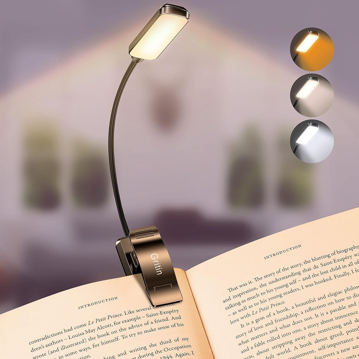 Gritin 9 LED Rechargeable Book Light For Reading In Bed Eye Caring 3 Color Temperatures,Stepless Dimming Brightness,80 Hrs Runtime Small Lightweight Clip On Book Reading Light For Studying Gritin 9 LED Rechargeable Book Light for Reading in Bed - Eye Caring 3 Color Temperatures,Stepless Dimming Brightness,80 Hrs Runtime Small Lightweight Clip On Book Reading Light for Studying