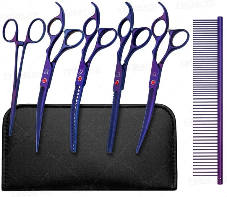 Dog Grooming Scissors,Purple Curved Chunkers Shears with Safety Round Tips,Sharp and Durable 6 in 1 Dog Scissors for Grooming