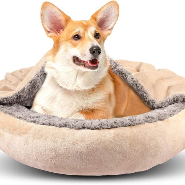 GASUR Dog Beds for Small Medium Dogs with Hooded Blanket, Cozy Cuddler Luxury Puppy Pet Bed with Blanket Attached, Donut Round Calming Anti-Anxiety Dog Burrow Cave Bed, Machine Washable 26 inch