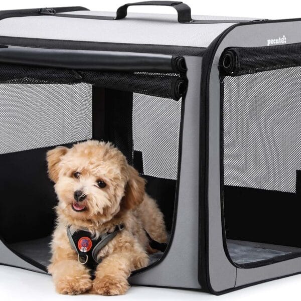 Dog Car Carrier Light Weight, Dog Carrier for Car Easy to Assemble, Dog Car Crate Portable and Breathable, Foldable Pet Carrier for Both Indoor and Outdoor Use, Dog Travel Crate with Curtain Gray