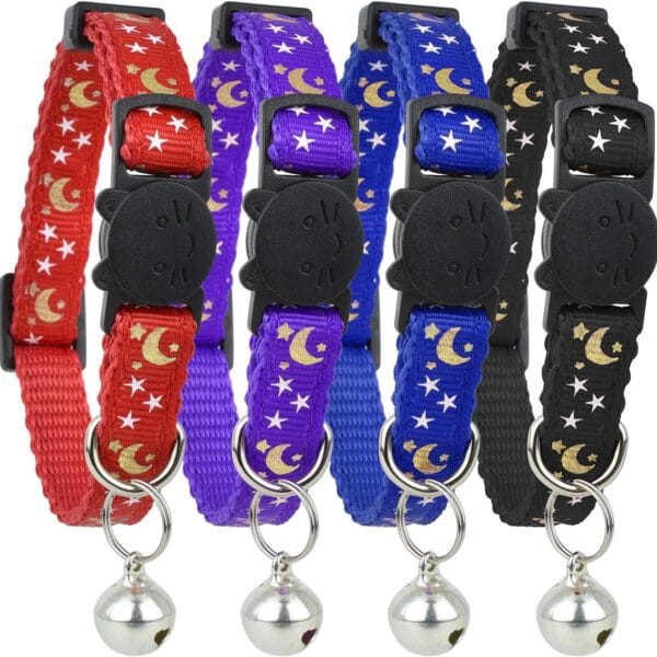 Cat Collar Stars and Moon, 4-Pack, Reflective with Bell, Solid & Safe Collars for Cats, Nylon, Kitty Collars, Pet Collar, Breakaway Cat Collar