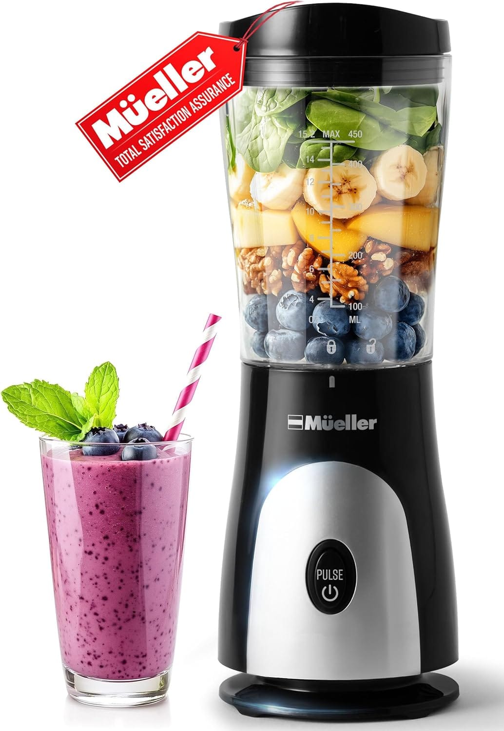 Mueller Smoothie Blender for Smoothies - Personal Blender for Shakes, Frozen Drinks, Baby Food & More, 15oz Travel Cup and Lid, Durable Stainless Steel Blades for Powerful Blending Performance, Black Mueller Smoothie Blender for Smoothies - Personal Blender for Shakes, Frozen Drinks, Baby Food & More, 15oz Travel Cup and Lid, Durable Stainless Steel Blades for Powerful Blending Performance, Black