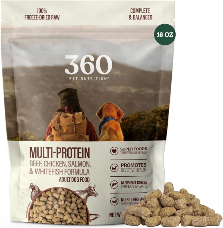360 Pet Nutrition Freeze-Dried Raw Dog Food  Multi-Protein with Beef, Chicken, Fish, Liver & Organs, High Protein, Omega-3s, Fruits, Veggies & Superfoods, Grain-Free, No Fillers, 1 lb  Made in USA