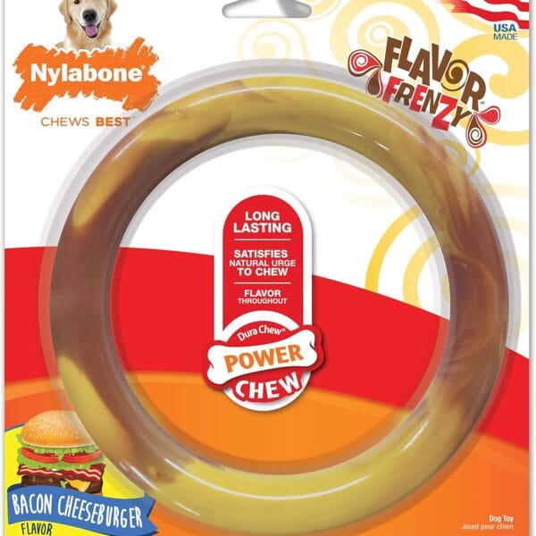 Nylabone Power Chew Flavor Frenzy Ring Chew Toy for Dogs, Indestructible Chew Toys for Aggressive Chewers, Bacon Cheeseburger Flavor, Large/Giant - Up to 50 lbs. (1 Count)