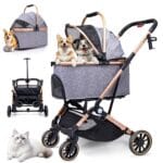 Dog Stroller for Dogs - 3 in 1 Pet Stroller with Detachable Storage Basket 4 All-Terrain Rubber Wheels Pull Rod Durable Travel Carrier for Max 33 lbs Medium Dogs 2 Small Cats (Grey)