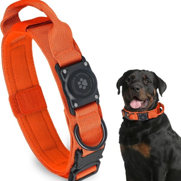 Tactical AirTag Dog Collar, 100% Waterproof Integrated Apple Air Tag Dog Collars with Hard PC AirTag Holder, Adjustable Military Collar with Handle, GPS Dog Collar for Medium Large Dog (Orange, L)