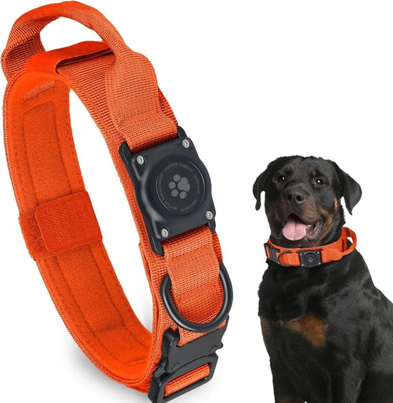 Tactical AirTag Dog Collar, 100% Waterproof Integrated Apple Air Tag Dog Collars with Hard PC AirTag Holder, Adjustable Military Collar with Handle, GPS Dog Collar for Medium Large Dog (Orange, L)