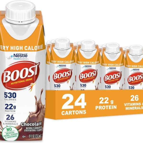 BOOST Very High Calorie Nutritional Drink  Helps Weight Gain & Maintenance - 530 Calories - 26 Vitamins & Minerals - 22 g Protein - Calorie-Dense Nutritional Drink - Chocolate - 8 fl oz (Pack of 24)