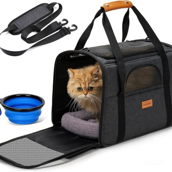 Morpilot Pet Travel Carrier Bag, Soft-Sided Dog Carrier Cat Carrier Pet Carrier (18 x 12.5 x 14 Inches), for Large Cats and Medium Puppies, w/Locking Safety Zippers, Foldable Bowl