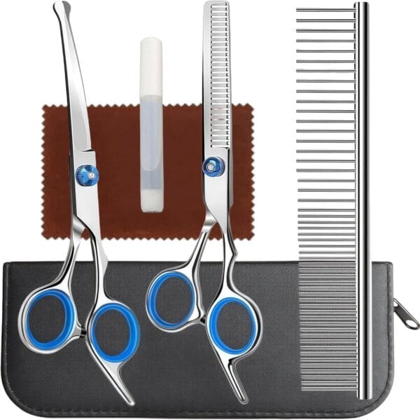 Professional 4 in 1 Dog Grooming Scissors Kit with Safety Round Tips, Sharp and Durable Pet Grooming Shears for Dogs and Cats.